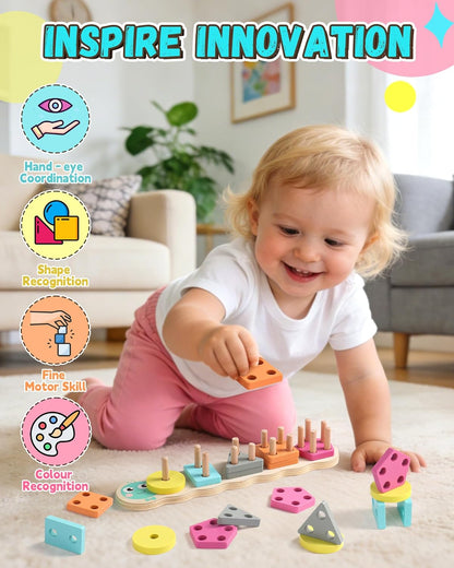 Zeewoo 1 Year Old Girl Boy Gifts Montessori Educational Toys for 1 2 Year Old Caterpillar Wooden Shape Sorter Stacking Toys for Toddlers 1-3 Preschool Learning Toy Birthday Gift