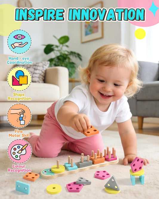 Zeewoo 1 Year Old Girl Boy Gifts Montessori Educational Toys for 1 2 Year Old Caterpillar Wooden Shape Sorter Stacking Toys for Toddlers 1-3 Preschool Learning Toy Birthday Gift