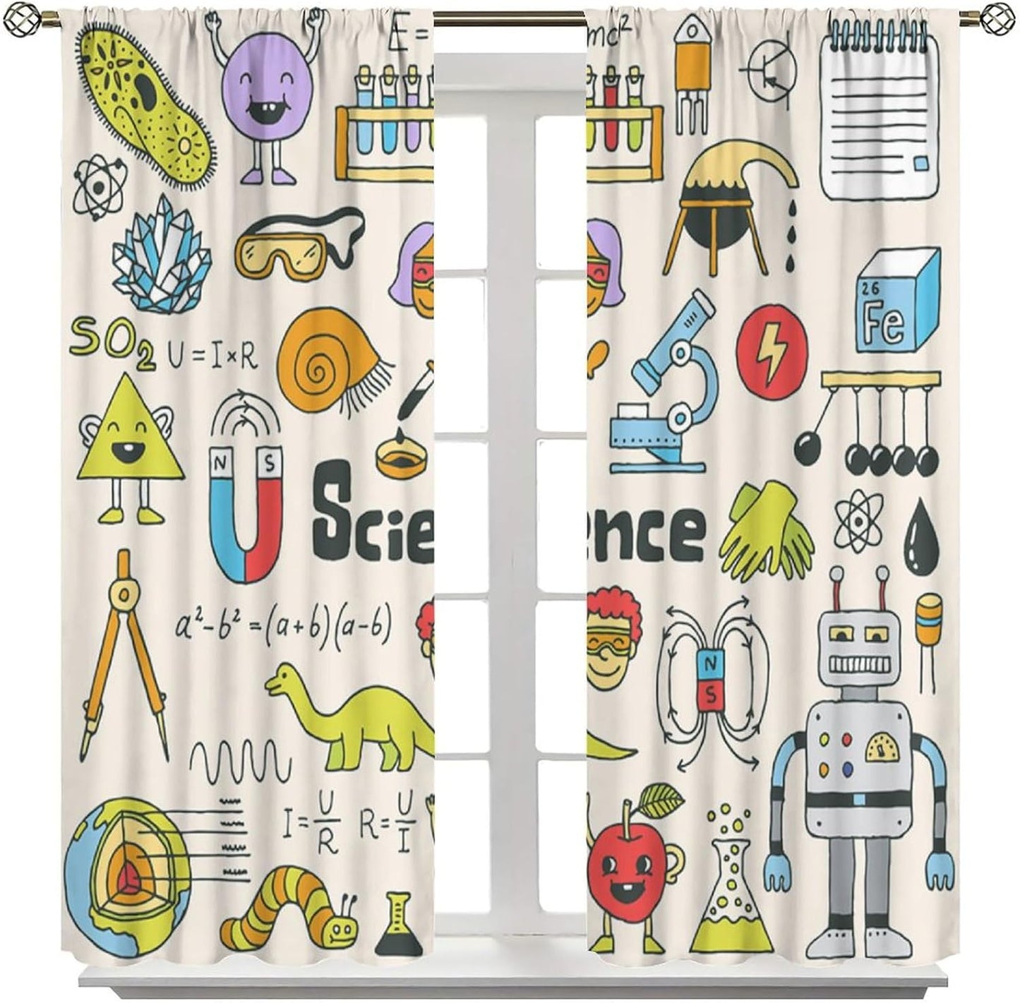 Science Physics Window Curtains, Abstract Math Chemistry Curtain Scientist Graffiti Print Window Treatments for Kids Teens Bedroom Living Room Kitchen Set 2 Panels,42x63 Inches