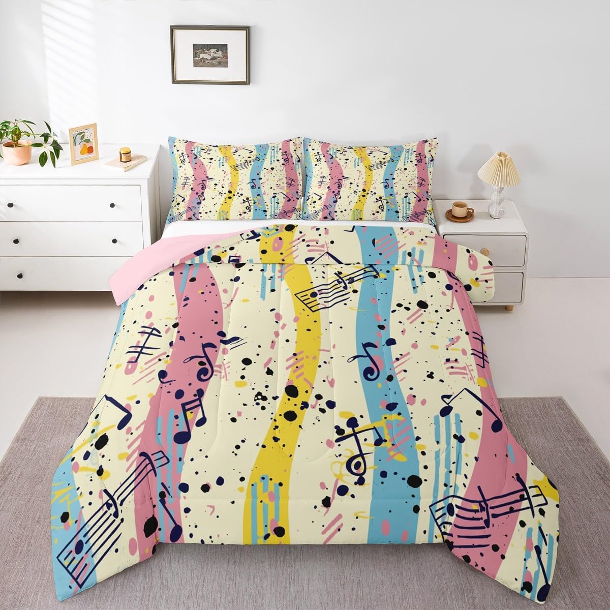 Erosebridal Drum Kit 3D Print Kids Comforter Sets Rock Music Themed Full Bedding Set for Boys Girls Musical Pattern Comforter Set,Colorful Retro Style Quilt Duvet 3 Pcs