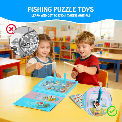 Magnetic Fishing Game for Toddlers Ages 3-8 – Montessori Wooden Educational Toy with 28 Fish – Preschool Learning Toy for Fine Motor Skills, Travel, Airplane & Road Trips