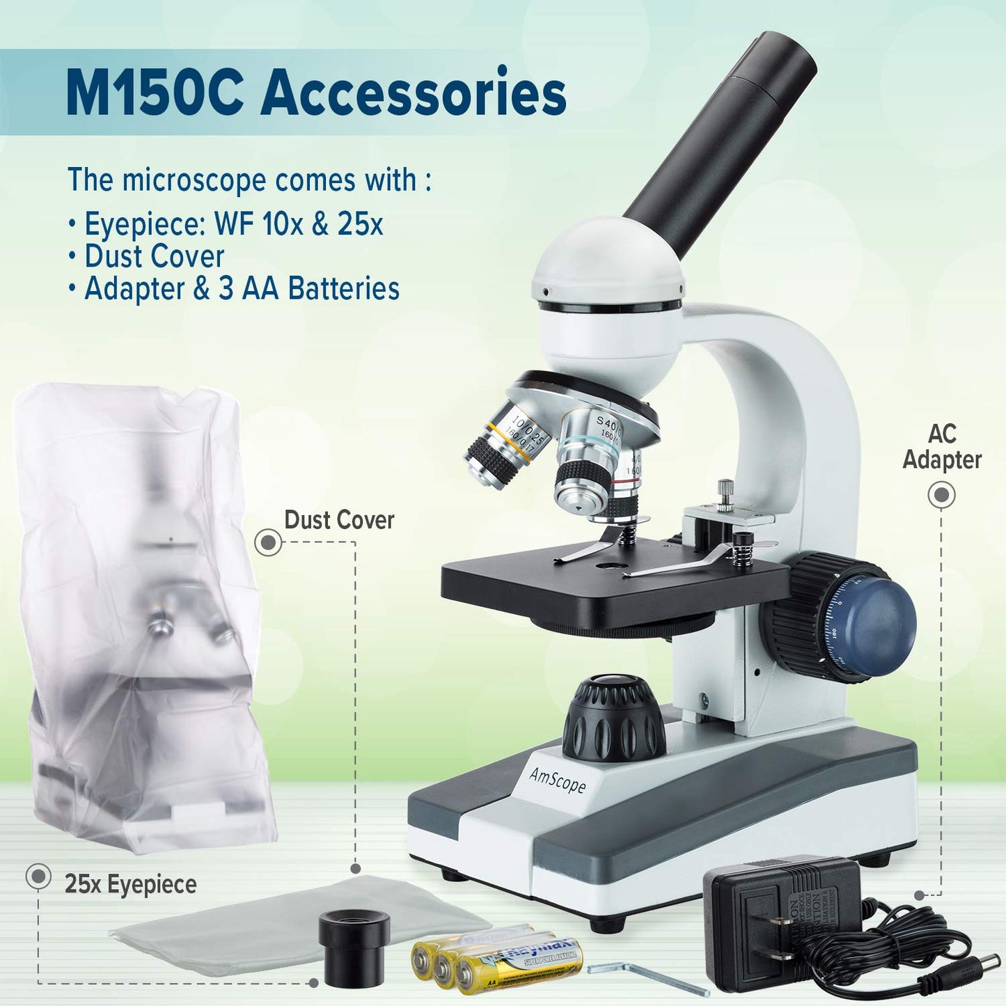 AmScope M150C / M150C-I 40X-1000X All-Metal Optical Glass Lenses Cordless LED Student Biological Compound Microscope