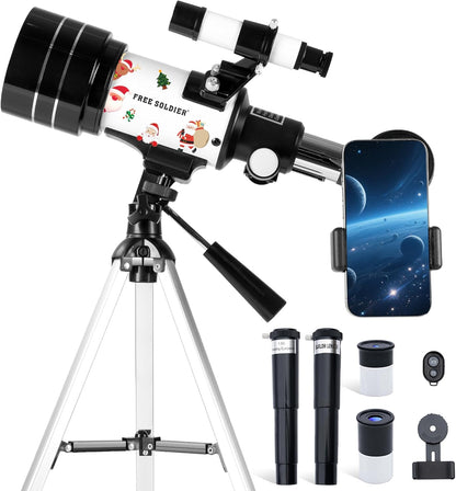 FREE SOLDIER Telescope for Kids 70mm Aperture Astronomical Refractor Telescopes for Beginners (15X-150X) 300mm Telescope for Adults High Powered with A Phone Adapter & A Wireless Remote (White)