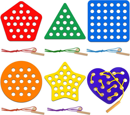 6 Pcs Lacing Toy Toddlers, Geometric Wooden Threading Toys, Educational and Learning Montessori Activity Baby and Kids, Fine Motor Skill Toys