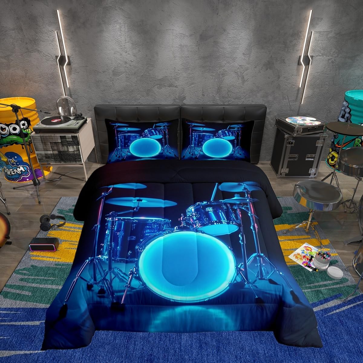 Erosebridal Drum Kit 3D Print Kids Comforter Sets Rock Music Themed Full Bedding Set for Boys Girls Musical Pattern Comforter Set,Colorful Retro Style Quilt Duvet 3 Pcs