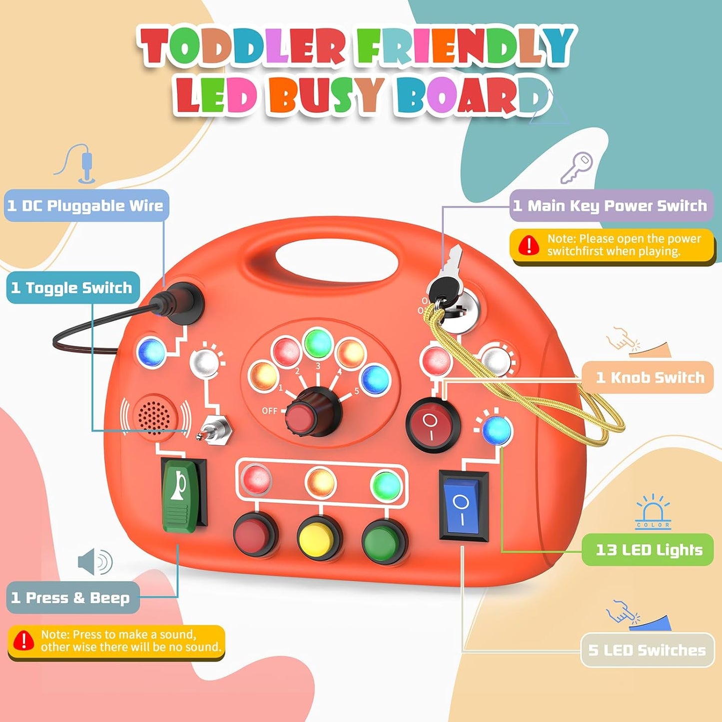 Montessori Busy Board with LED Light for Toddlers 2-4 Year Old, Sensory Toys with Sounds & Switches, Car Driving Travel Toys for Kids, Preschool Busy Book Boy and Girls Birthday Gifts (Pink)