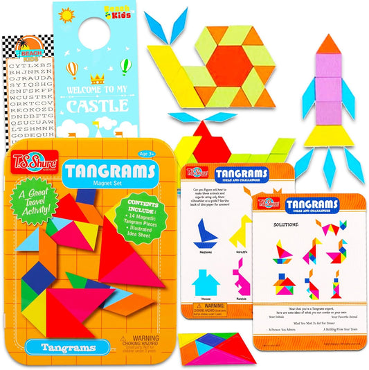14 Pc Magnetic Tangram Puzzle Set - 360 Different Pattern Block Combinations | Mini Tangram Bundle Learning Play Set for Kids with Beach Kids Bookmark