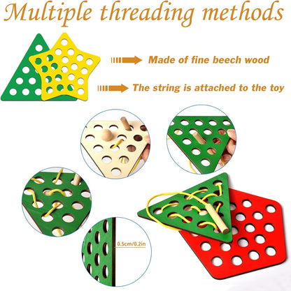 6 Pcs Lacing Toy Toddlers, Geometric Wooden Threading Toys, Educational and Learning Montessori Activity Baby and Kids, Fine Motor Skill Toys