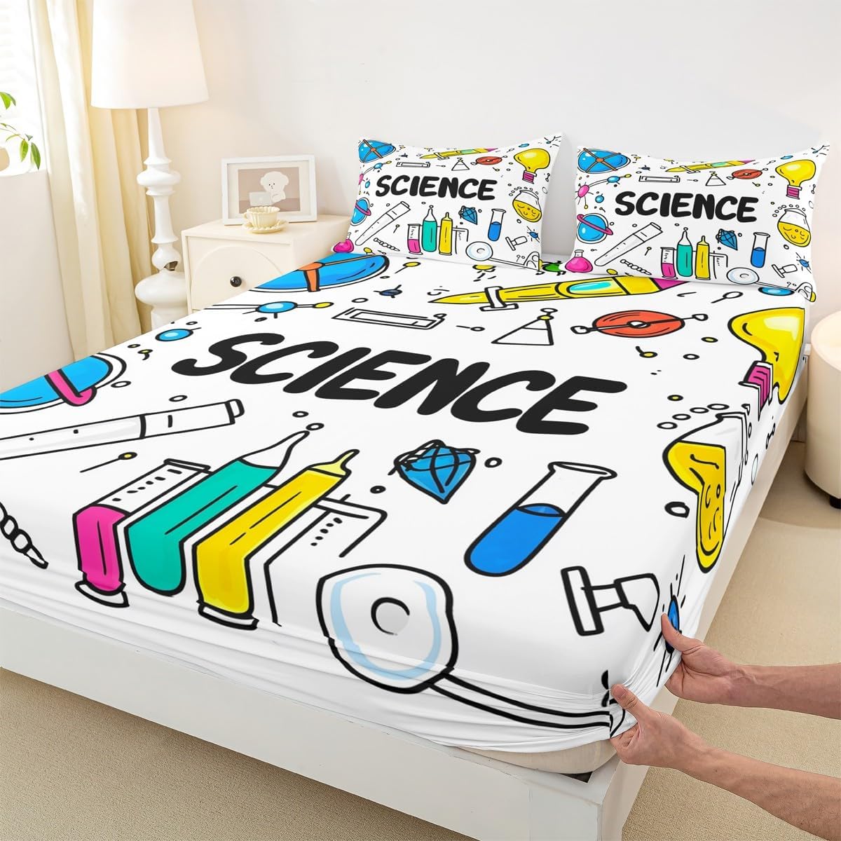 Chemistry Bed Sheets for Kids Teens Girls Boys,Chemical Experiment Fitted Sheet Twin,Science Themed Sheets for Math Lovers,Chemistry Lab Bedding Set,White and Black