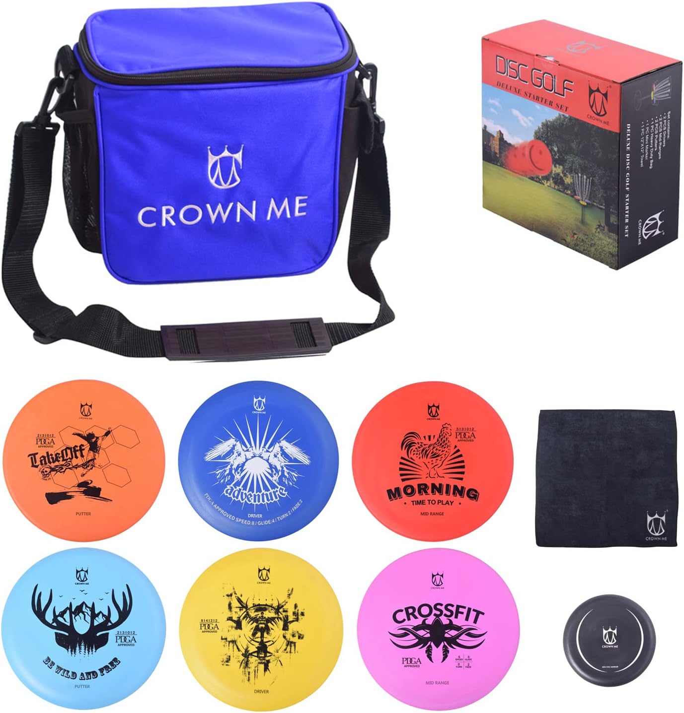 CROWN ME Disc Golf Starter Set,Disc Golf Set with 6 Discs, 1 Marker,1 Towel and Starter Disc Golf Bag Fairway Driver