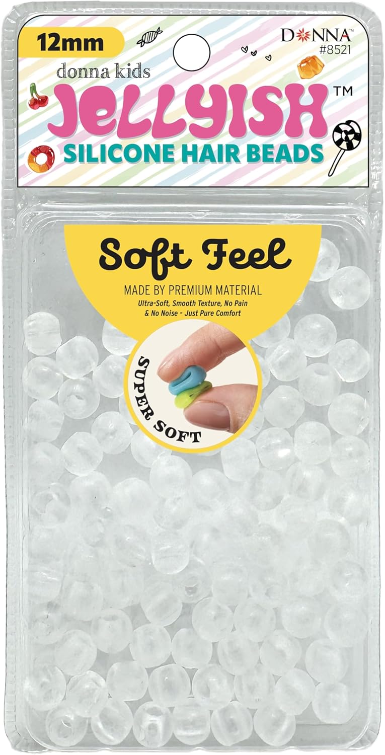 Donna Kids Jellyish Silicone Hair Beads – 12mm Super Soft Noiseless Beads for Braids, Ponytails & Kids Hairstyles – with Threading Tool Pain-Free, Flexible & Tangle (Clear Mix)