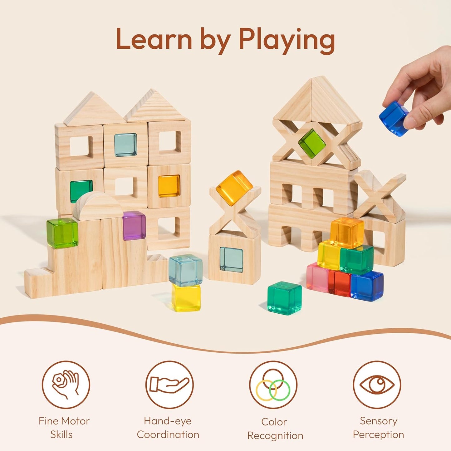 Woodtoe Wooden Building Blocks Set for Kids, 36 PCS Rainbow Acrylic Gem Blocks - 3 Wood House, Montessori Stacking Toy for Toddlers, Educational STEM Birthday Creative Toy Gift for Boys Girls 3-6