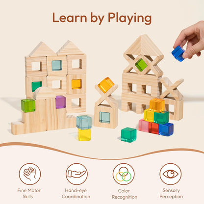 Woodtoe Wooden Building Blocks Set for Kids, 36 PCS Rainbow Acrylic Gem Blocks - 3 Wood House, Montessori Stacking Toy for Toddlers, Educational STEM Birthday Creative Toy Gift for Boys Girls 3-6