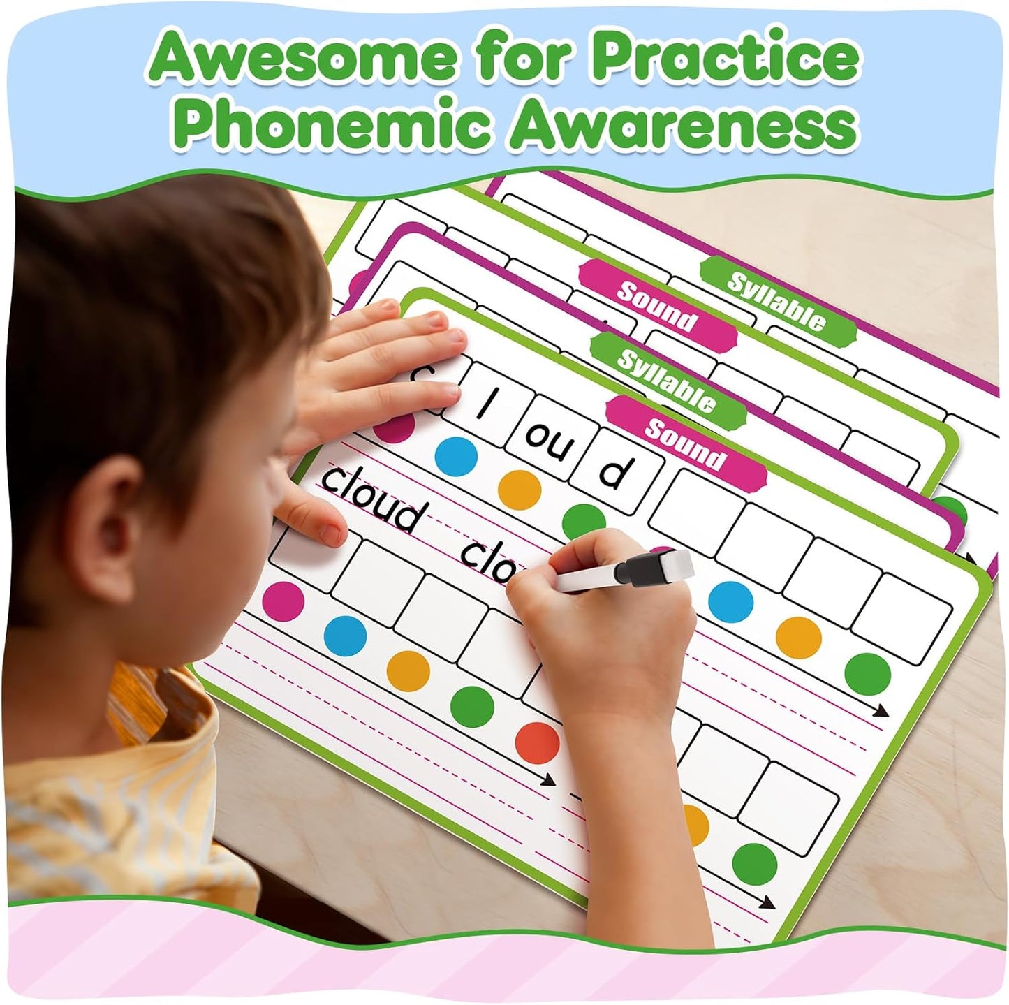 12 Pack Phonemic Awareness Dry Erase Card,9" x 12" Sound Syllable Speech Therapy Phonics Flashcard,Preschool Kindergarten Classroom Teacher Homeschool Supplies Science Reading Manipulative