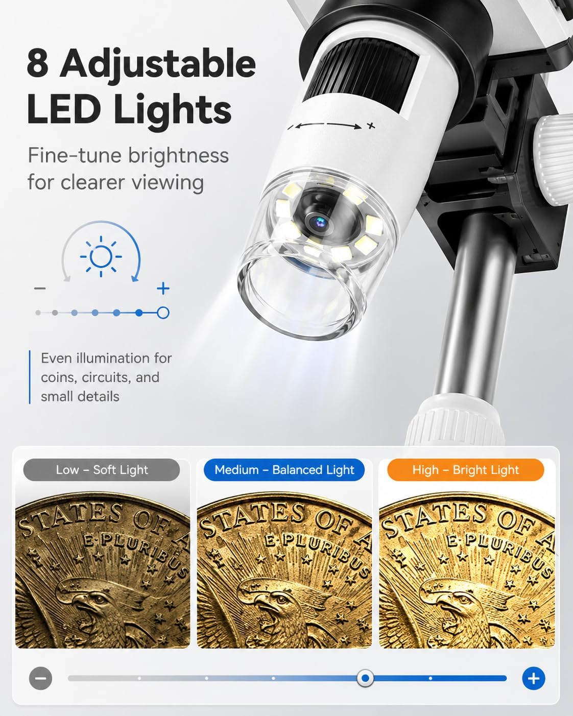 Coin Microscope, 4.3 Inch Digital Microscope 1000X Coin Microscope for Error Coins with 8 Adjustable LED Lights, PC View Compatible with Windows & MacOS