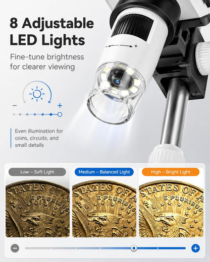 Coin Microscope, 4.3 Inch Digital Microscope 1000X Coin Microscope for Error Coins with 8 Adjustable LED Lights, PC View Compatible with Windows & MacOS
