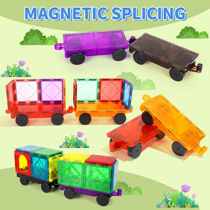 Mruikeny Magnetic Tiles Cars Construction Set - 4 PCS Magnetic Tiles Magnet Bricks Truck Sensory Toys, Educational Magnet Cars Set Building Blocks for 3 4 5 6 7 8+ Year Old Girls Boys