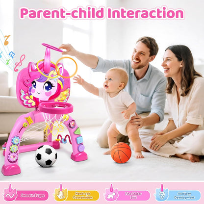 Marstone Toys for 1 Year Old Girl Gifts: Toddler Basketball Hoop and Soccer Goal with Sound and Music, Educational Sport Toys for Kids 1-3, 1st First 12-18 Month Birthday Present