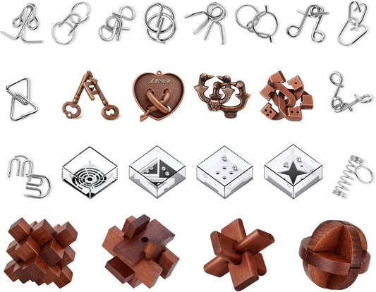 TAHAVICE 24 PCS Brain Teaser Puzzles Set, Wooden & Metal 3D Unlock Interlock Game, Kongming Luban Lock Wire Disentanglement IQ Puzzle, Logic Challenge Educational Gift for Adults Teens Kids