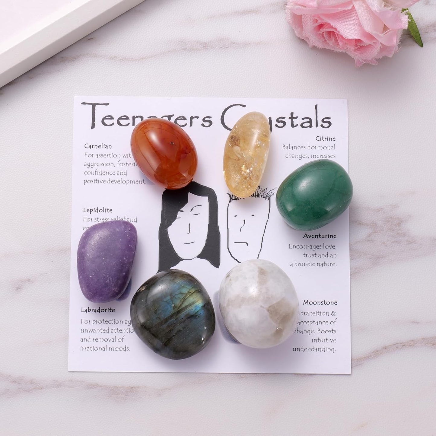 Crystals for Teens, Growing Up Crystal Set for Confidence Calm and Positive Energy, Healing Crystal Starter Kit, Self Love Encouragement Gifts for Teenage Boys and Girls