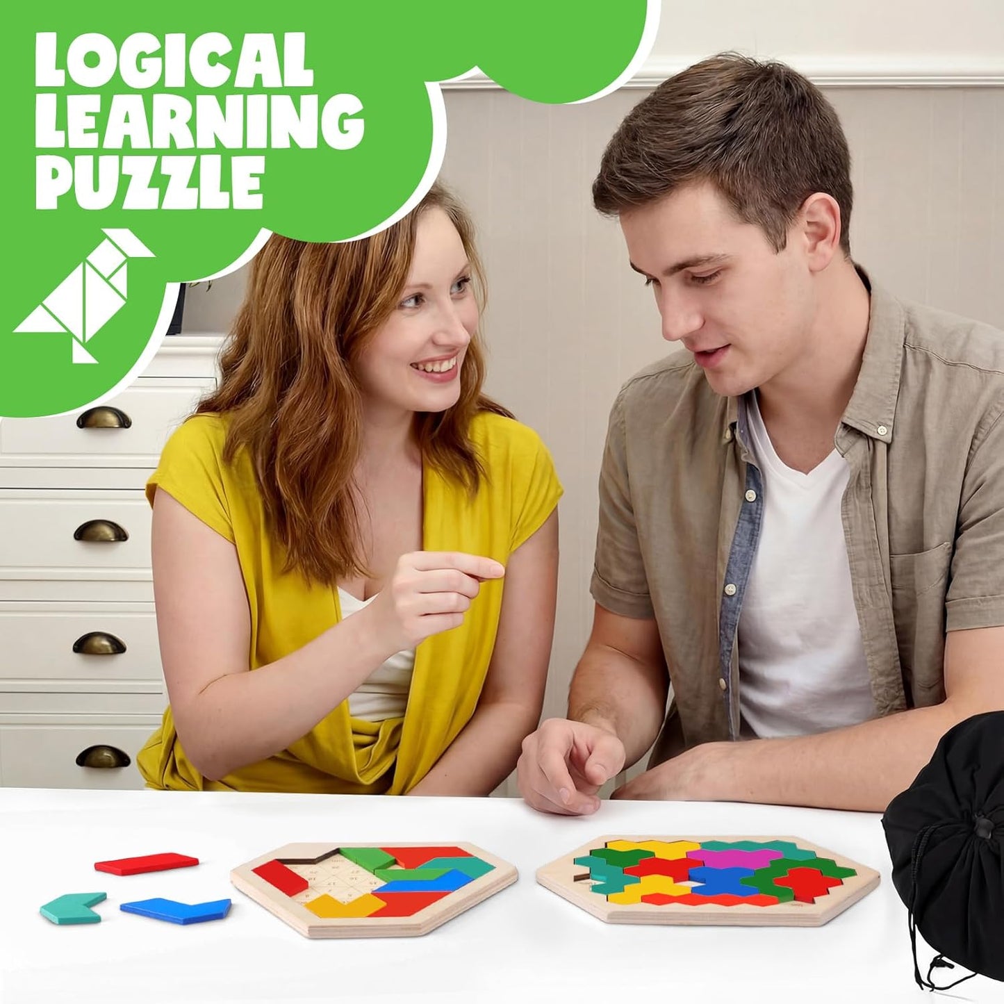 Yunsailing 3 Pack Large Hexagon Tangram Puzzle Wooden Brain Puzzles for Adult Challenge Wood Russian Blocks Brain Teasers Geometric Jigsaw Block Logic Iq Stem Family Graduation Gifts(Vintage)