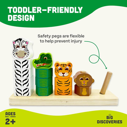 Big Discoveries Stacker - Animal Block Stacking Puzzle for Ages 2 and Up | Durable Wooden Geometry Shape Toy with Flexible Safety Pegs and Pegboard - Montessori Stack Toy for Toddlers (Farm Stacker)