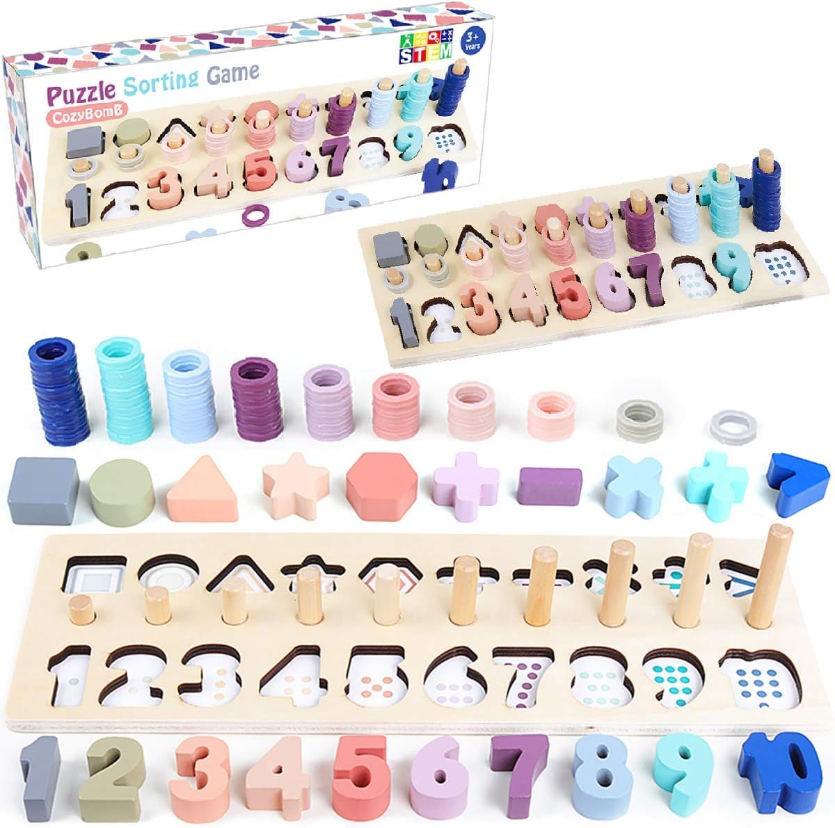 CozyBomB™ Educational Montessori Toys for 1 Year Old Toddlers - Wooden Puzzles Blocks Number Stacking Preschool Learning Activities Shape sorter Math Game Counters Baby Kids Ages 3 4 5 Years Old
