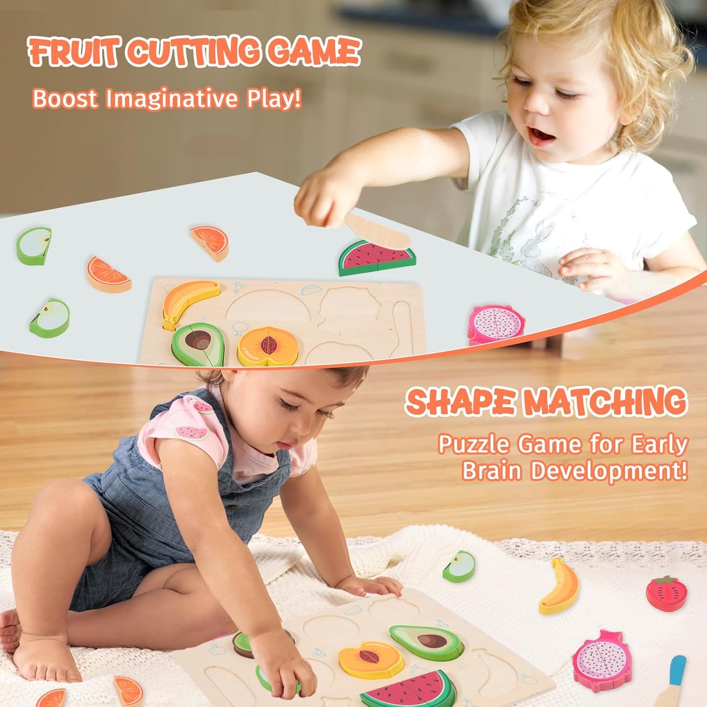 Wooden Cutting Fruit Puzzles for Kids 3 4 5 Years,Wooden Peg Puzzles for Play Food-Cutting Fruits for Toddlers 2-4 Years,Pretend Play Kitchen Accessory,Montessori Educational Toys Gift for Boys Girls