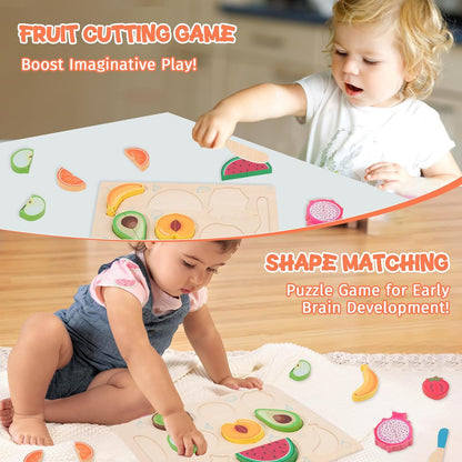 Wooden Cutting Fruit Puzzles for Kids 3 4 5 Years,Wooden Peg Puzzles for Play Food-Cutting Fruits for Toddlers 2-4 Years,Pretend Play Kitchen Accessory,Montessori Educational Toys Gift for Boys Girls