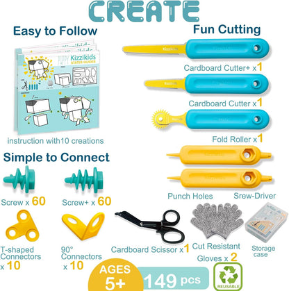 Kizzikids Cardboard Tools for Kids with Cutter &Tool Box, 149 PCS Cardboard Construction Kit for Family & Team Activities, Creative STEM Educational Toys Gift for Boys and Girls Aged 5+