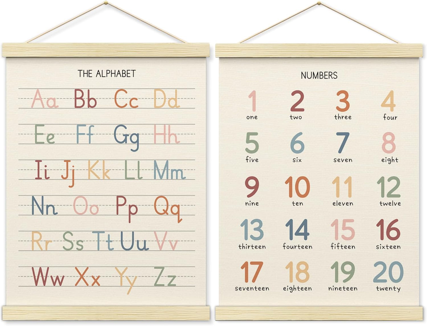 BONETAT Numbers alphabet poster for Nursery Toddlers, Play Room Wall Decor, ABC Wall Chart, Wall Hanging Decor for Toddler Playroom Decor Kids Wall Decor, Wooden Alphabet Banner-A02