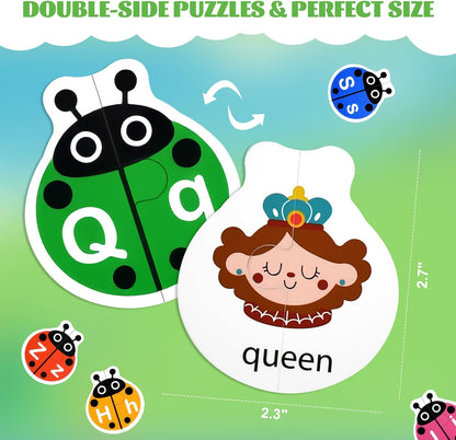 Ladybug Self Correcting Alphabet Puzzle: Letter Matching Games for Toddlers 3-5, 52pcs Double-Sided Montessori ABC Puzzles Cards Preschool Learning Activities Educational Toy Gift for Kids