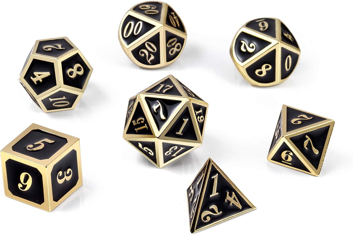 DnDnD Heavy Polyhedral Metal Dice Set with Metal Box, 7-die Shiny Blue Surface with Golden Number for RPG,Dungeons and Dragons,Pathfinder,Shadowrun,D&D,Role Palying Game and Math Teaching - Colors A