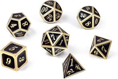DnDnD Heavy Polyhedral Metal Dice Set with Metal Box, 7-die Shiny Blue Surface with Golden Number for RPG,Dungeons and Dragons,Pathfinder,Shadowrun,D&D,Role Palying Game and Math Teaching - Colors A