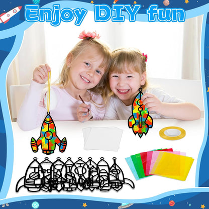 32 Sets Outer Space Suncatchers Craft Kit DIY Window Stained Glass Effect Planet Astronaut Alien Paper Crafts Home School Classroom Decoration Kid Birthday Gift Creative Art Project Activity Game - Colors A