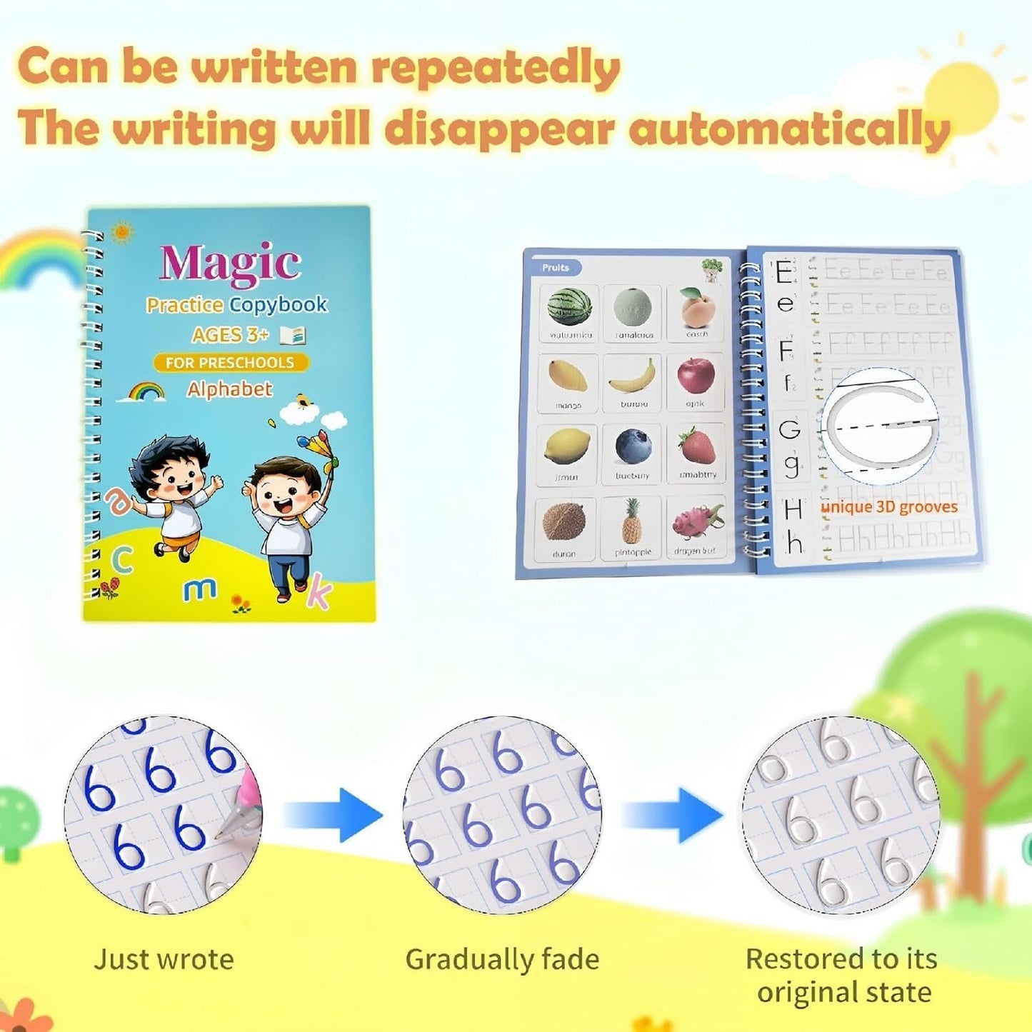 3D Magic Grooved Writing Practice Books for Kids 3-5 4-8, Reusable Groove Handwriting Books with Disappearing Ink, Preschool Learn to Write Tracing, Kindergarten Homeschool Classroom (4 PACK )