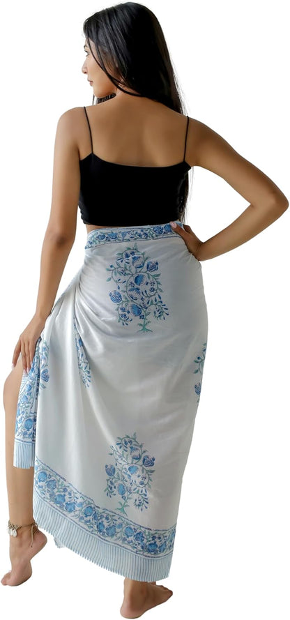 100% Cotton Sarong Cover Up for Women Indian Block Print Beach Wrap Skirt Long Boho Swimsuit Bikini Pareo (73” x 43”)