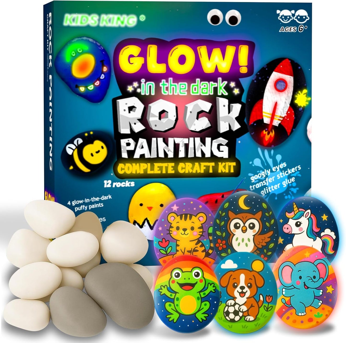 KIDS KING Glow in Dark Rock Painting Kit for Kids Ages 6-12, Art Craft for Party Drawing Activity, Complete Art Craft Kit Party Favors, Creative Toy Gifts for Boys Girls Birthday & Holidays, Christmas