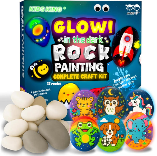 KIDS KING Glow in Dark Rock Painting Kit for Kids Ages 6-12, Art Craft for Party Drawing Activity, Complete Art Craft Kit Party Favors, Creative Toy Gifts for Boys Girls Birthday & Holidays, Christmas