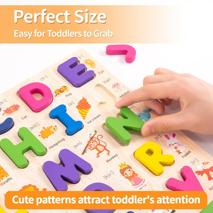 Wooden Alphabet Puzzle for Toddlers, 3 in 1 Lower Case Letter Puzzles ABC Uppercase & Lowercase & Number Puzzle Set for Preschoolers Kids Ages 3-5 Alphabet Learning Educational Toy