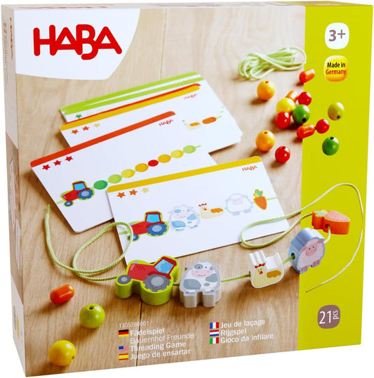 HABA Threading Game Farm Friends - Creative Educational Game & Threading Chain with 21 Wooden Beads & 2 Cords Including Template Cards - Threading Fun for Children from 3 Years - 1305780001