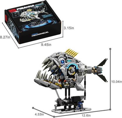 1085-PCS Mechanical Piranhas Fish Building Set with LED Light, Movable Linkage Gears, Display Stand,Mechanical Fish