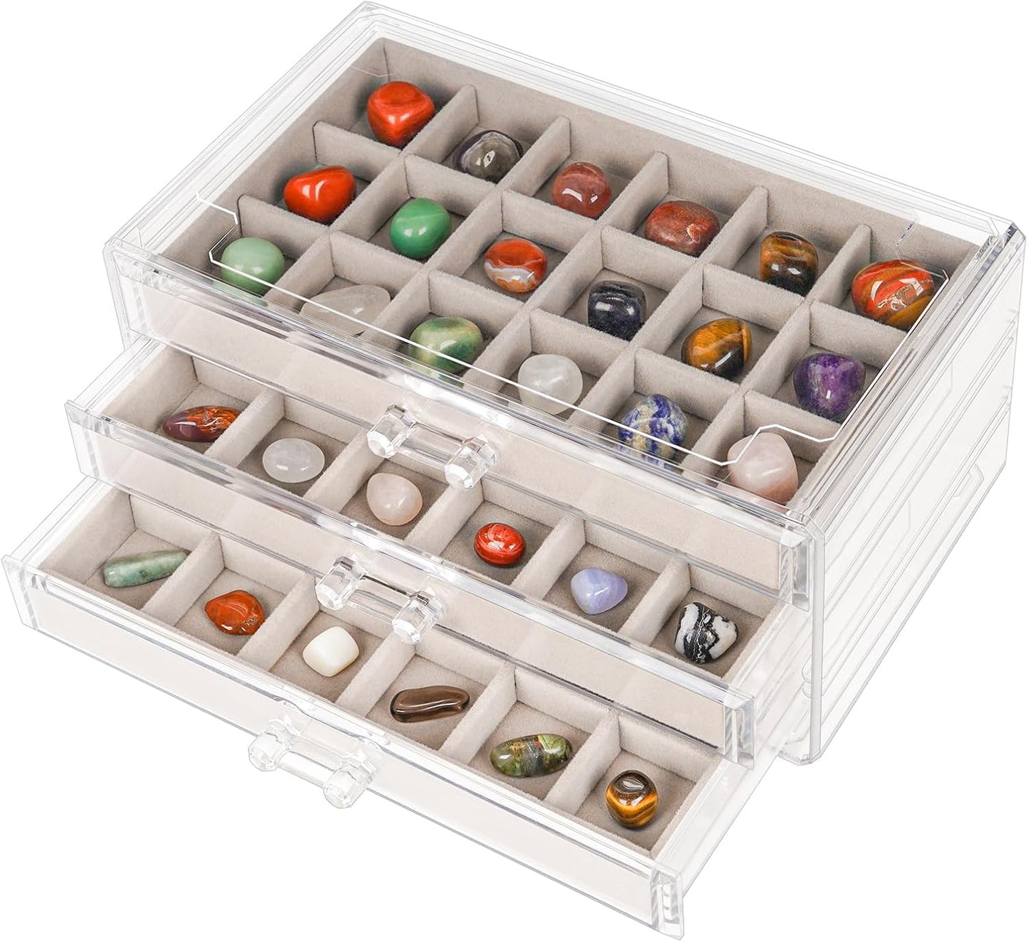 Bfttlity Acrylic Rock Display Case,54 Grids Rock Collection Box for Kids with Mini Magnifying Glass and Gloves, Clear Display Cases for Stones Collectibles Gemstone Crystals Storage Boxes