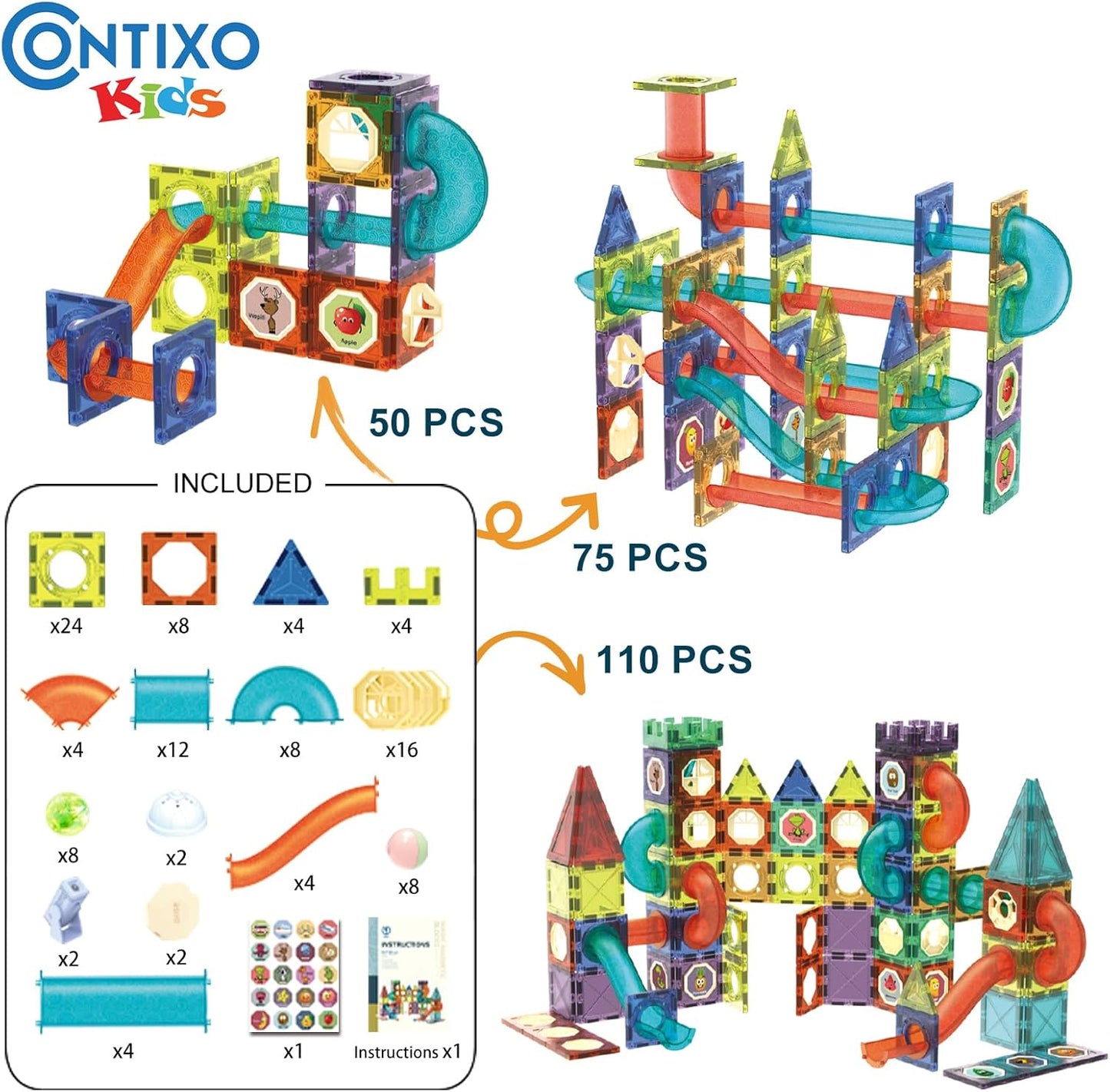 Contixo STEM Building Toys - 110 pcs Marble 3D Magnetic Run Tiles Learning Stacking Educational Building Blocks Set, Creativity Beyond Imagination, Inspirational, Recreational Toy for Kids