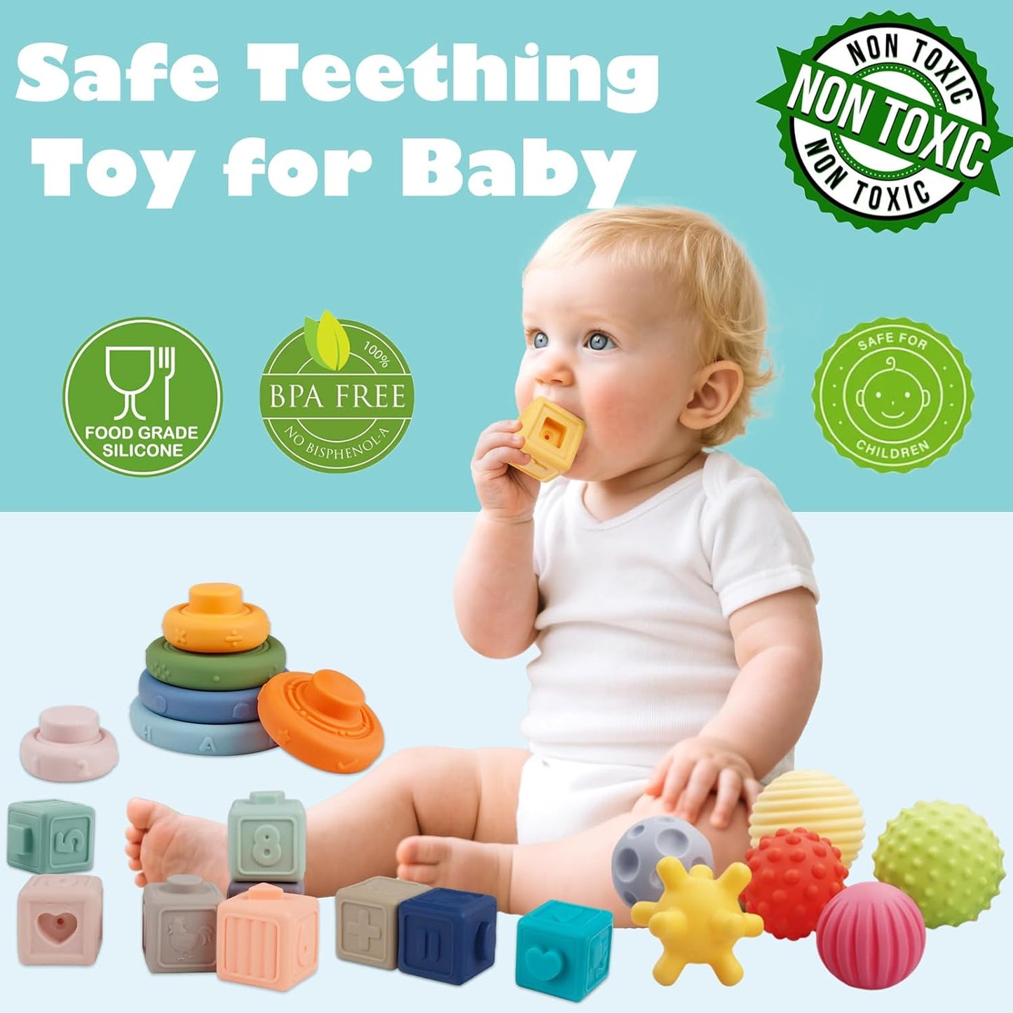 Weilim Montessori Toys Soft Stacking Building Blocks Rings Balls Sets 3 in 1 Baby Toys Bundle for Babies Sensory for Toddlers Teething Bath for Infants Learning Education Toy