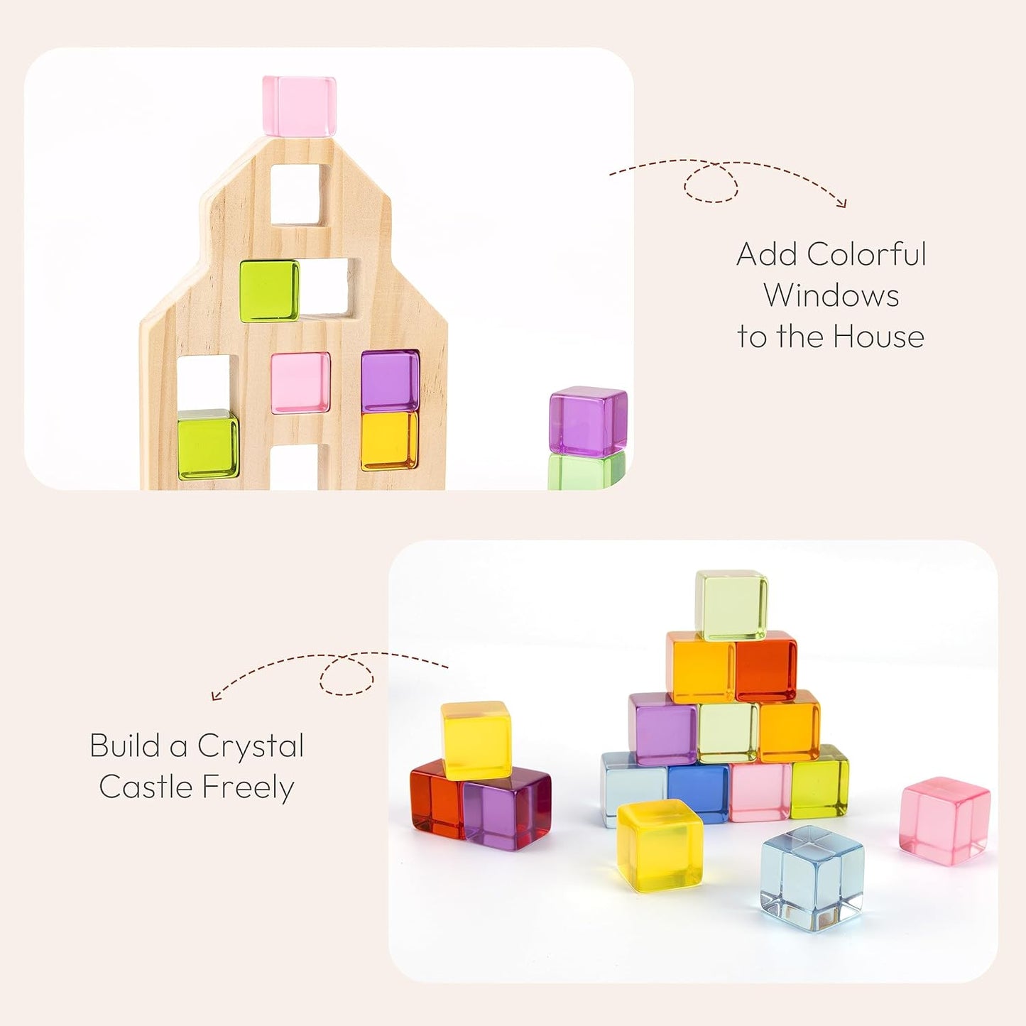 Woodtoe Wooden Building Blocks Set for Kids, 36 PCS Rainbow Acrylic Gem Blocks - 3 Wood House, Montessori Stacking Toy for Toddlers, Educational STEM Birthday Creative Toy Gift for Boys Girls 3-6