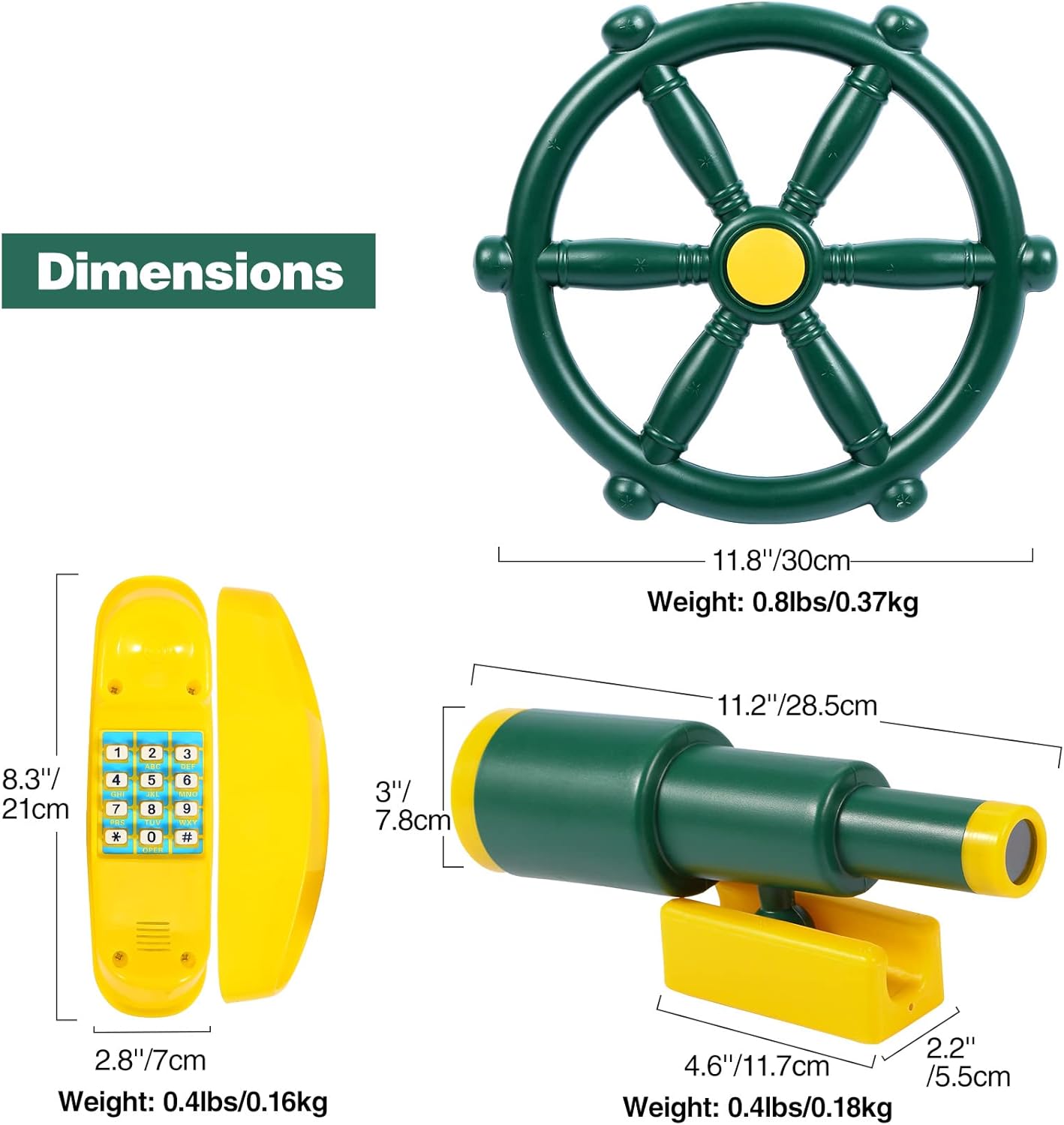 RedSwing Playground Accessories for Kids, Outdoor Swingset Attachments with Pirate Ship Wheel, Toy Telescope, Telephone and Safety Handles (Yellow and Green)