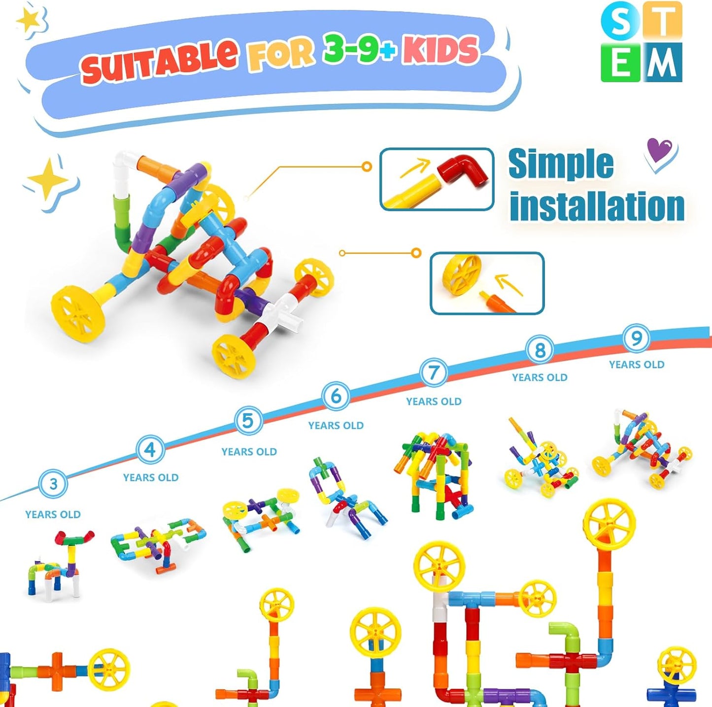 Ggiibro STEM Building Toy for Toddlers 106Pieces Tube Pipe Toy,Educational Preschool Game for 3+ Years,Learning Building Blocks Play with Storage Box Gift Kit,Montessori Toys for Boys & Girls
