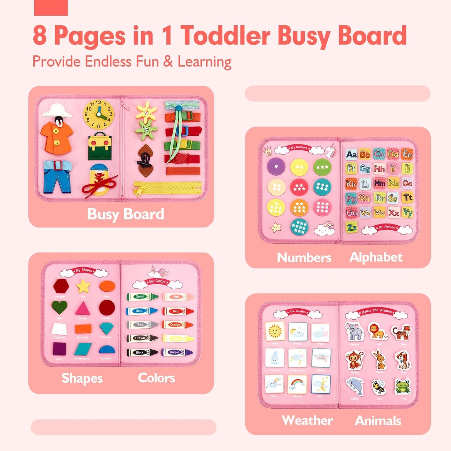 hahaland Busy Board for Toddlers - Montessori Toys Preschool Learning Activities with Life Skills, Alphabet, Number, Shape, Color, Animal, Weather - Toddler Boy Learning Educational Toys, Travel Toys