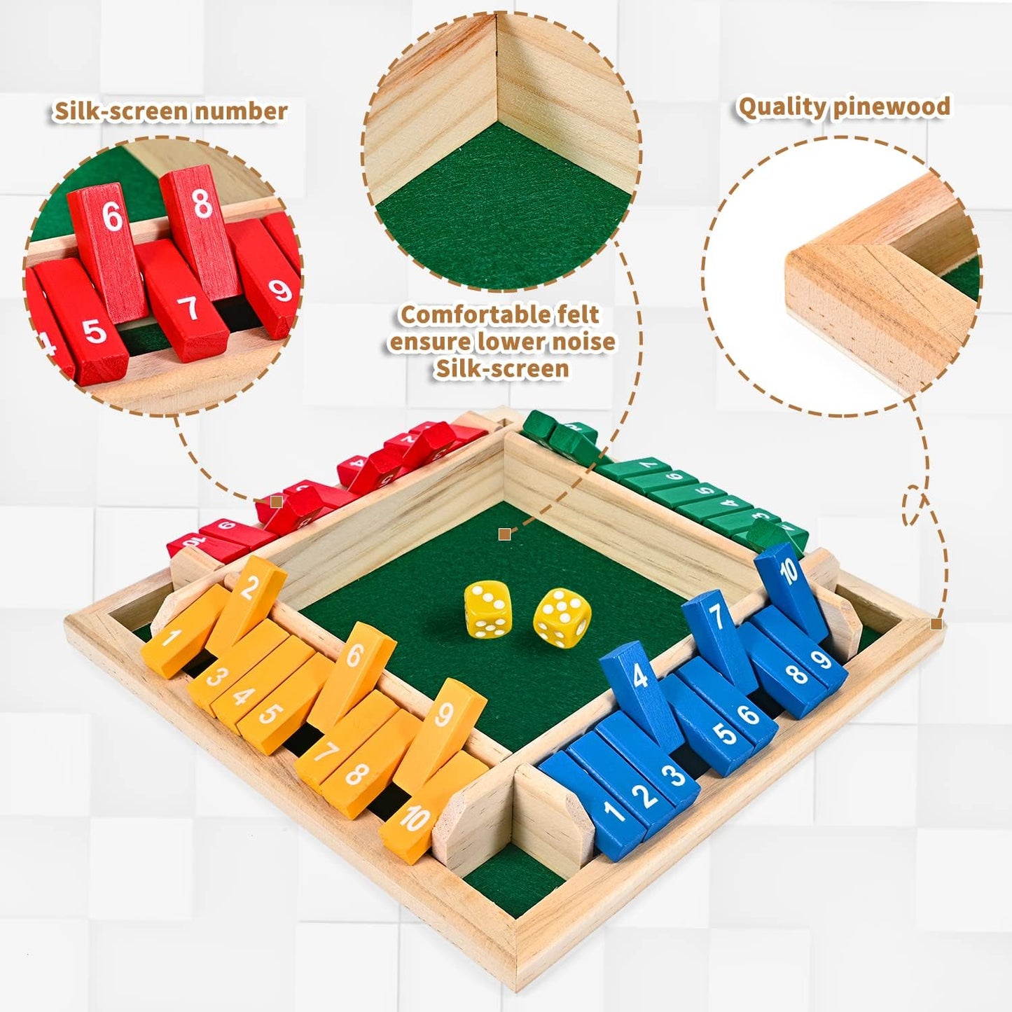 1-4 Players Shut The Box Dice Game, 10 Numbers Traditional Wooden Pub Bar Board Family Table Mat Game Dice for Adults